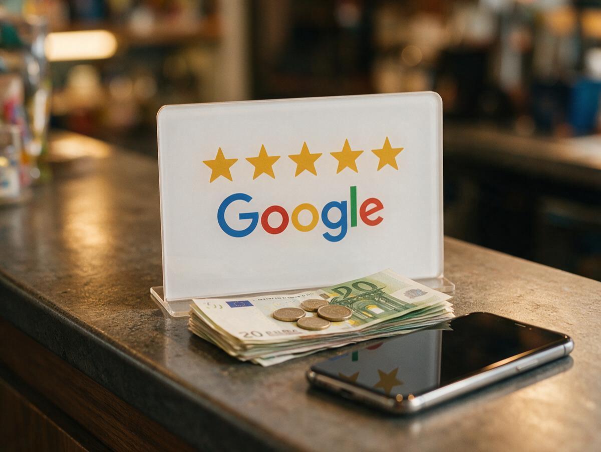 Une plaque d’avis Google posée sur le comptoir d’un commerce, à côté d’une liasse de billets en euros
